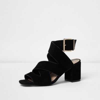 Black crossover block heel sandals